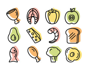 Vector icons of healthy food in linear style, colorful. Fish, meat, chicken, fruits and vegetables, for designing an app, menu, cooking blog, website.