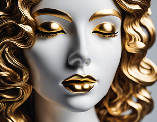 a woman's face crafted from marble and accented with gold elements