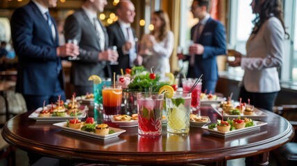 A lively social event features colorful cocktails, gourmet appetizers, and elegantly dressed guests mingling around a beautifully decorated table with flowers.