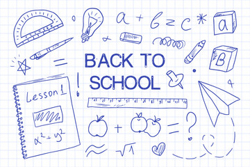 Banner Welcome Back to school. Doodle style school supplies drawn with a pen on a checkered paper page. Horizontal poster with text space, background with school supplies in vector