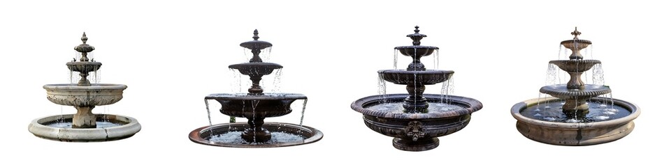 Set of decorative water fountains isolated on transparent background