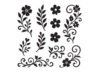 floral decorations logo silhouette vector, botanical flowers logo icon silhouette, hand drawn flower silhouettes illustration, flat design flower logo silhouettes  vector on a white background