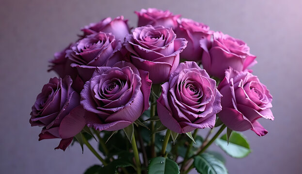 a bouquet of lush, velvety purple roses, close-up shot, intricate floral details, dramatic lighting, high contrast, studio setting, cinematic aesthetic, 8k resolution, highly detailed, photorealistic - Powered by Adobe