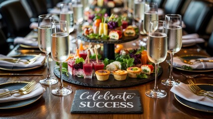 A festive table set with champagne flutes, elegant appetizers, and a “Celebrate Success” sign, perfect for honoring achievements and special occasions.