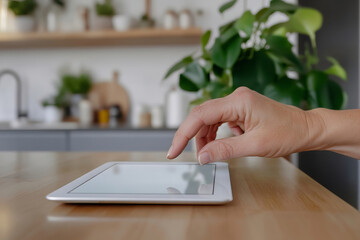 Hand reaching out to swipe across a bright glowing tablet screen in a digital setting