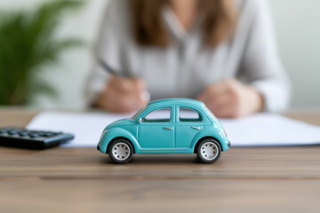 Miniature car and hand signing contract for car insurance, vehicle loan, and dealership agreement