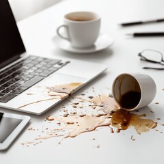 Frustrated customers service complaint concept. A spilled coffee cup next to a laptop on a desk, creating a messy scene.