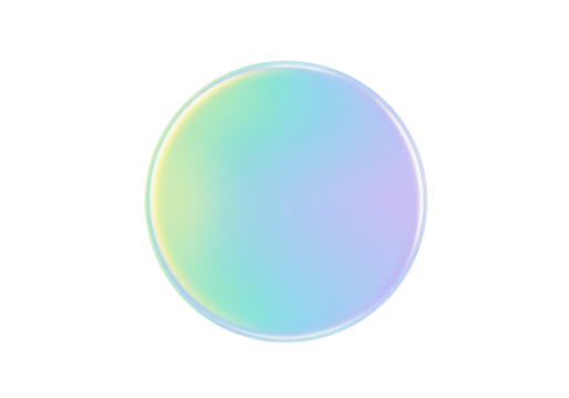 A perfectly geometric iridescent circular shape with a holographic pastel gradient (light blue, teal, green, yellow, soft purple) shimmering on a transparent background with copy space, top-down