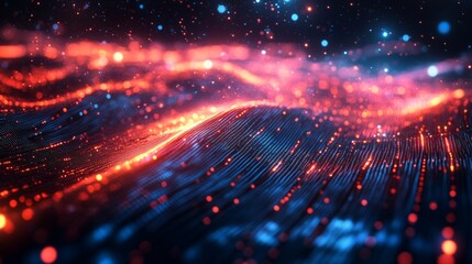 Obraz premium Mesmerizing digital landscape glows with red and blue particle waves, a captivating abstract with intricate details.