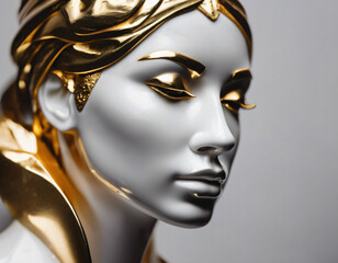 a woman's face crafted from marble and accented with gold elements