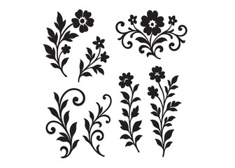 floral decorations logo silhouette vector, botanical flowers logo icon silhouette, hand drawn flower silhouettes illustration, flat design flower logo silhouettes  vector on a white background