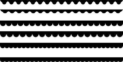 Scalloped seamless set.  scallop edge lace borders. Repeat cute vintage frill ornaments. Texture ribbons. black repeated squiggle stroke pack