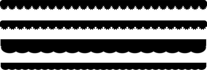 Scalloped seamless set.  scallop edge lace borders. Repeat cute vintage frill ornaments. Texture ribbons. black repeated squiggle stroke pack