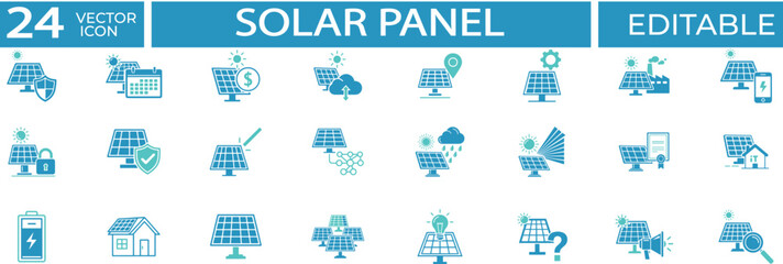 Solar Panel vector icon set. Containing Electricity, Sustainable, Clean, Eco, Future, Technology, Installation, Grid, Production, Solar Panel and more. Solid vector icons collection.
