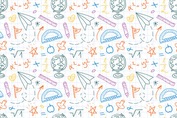 Seamless pattern Back to School on a checkered notebook page. Hand-drawn school supplies, colored sketches. Childrens colored background for fabric, covers, backgrounds, and notebooks.