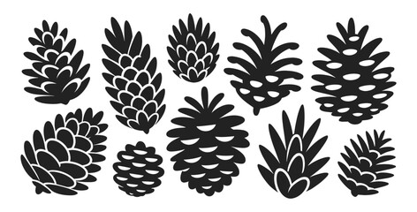 Stylized pine cone set in silhouette vector illustration. Features assorted conifer cone designs with layered scales.
