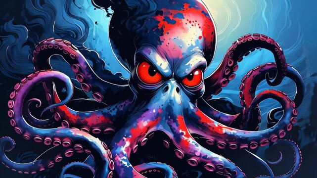 An illustration of an angry octopus with furrowed brows and intense expression, showcasing its tentacles in a dynamic pose to convey emotion and underwater power.