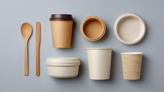 A Collection of Eco-Friendly Disposable Food Containers and Utensils Arranged on a Gray Background for Sustainable Dining and Takeout Options