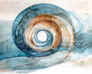 Watercolor painting of a wave tunnel with blue and brown circular design