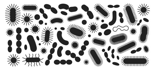 Black silhouette bacteria and virus icons in assorted microscopic forms, vector illustration set. Includes diverse pathogenic shapes such as rods, spheres and spirals for scientific use.
