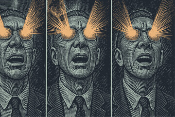 A man in a suit with laser vision. Beams of energy explode from his eyes in a triptych. Vector illustration in a vintage woodcut or engraving style.
