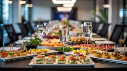 A long banquet table set with assorted gourmet appetizers, finger foods, and glasses of water, ready for a formal event or corporate gathering in a modern venue.