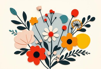 Minimalist abstract floral collage, cut-out organic shapes in naive art style , seamless, vintage