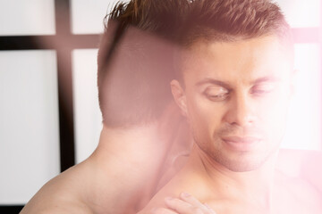Young attractive gay couple and complicated relationship. Love and sadness.