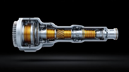 Detailed Cross-Section of an Industrial Gearbox Showcasing Intricate Components and High-Precision Engineering in a Dark Background