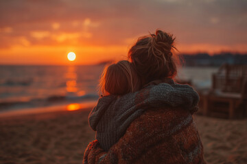 silhouette of a mother and daughter hugging on beach at sunset