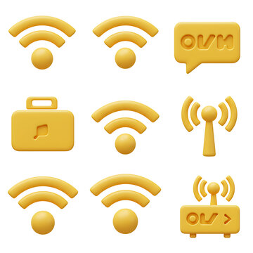 Yellow 3D Wi-Fi and technology icons on transparent background