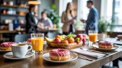 Breakfast table with donuts, coffee, juice, and fruit. Business people networking in the blurred background of a cafe or office buffet.