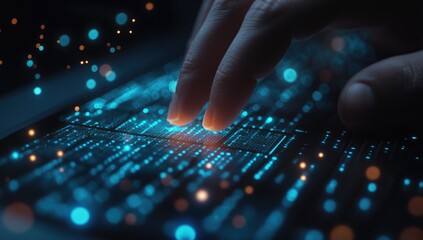 Close-up of two fingers interacting with a glowing tablet screen, displaying a complex network of light.  Dark background