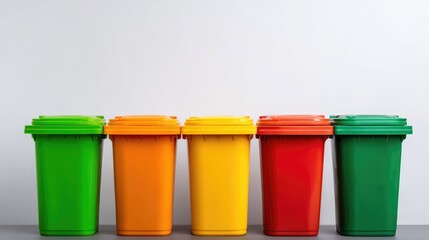 Colorful plastic waste bins in a row showcasing efficient waste separation and recycling practice in an urban setting for environmental awareness and cleanliness promotion.