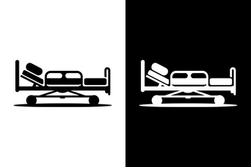 Hospital Bed Icon Silhouette icon illustration on white and black background.