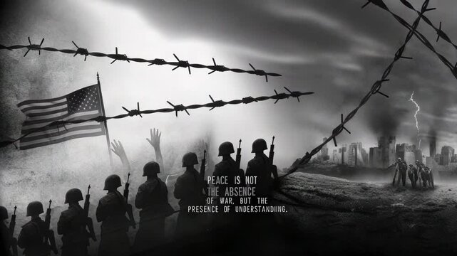 Dark War Scene with Soldiers, American Flag, and Peace Quote - Powered by Adobe