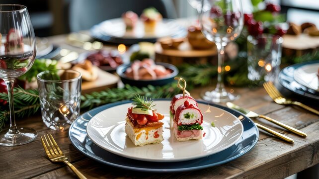 Elegant holiday table setting featuring gourmet canapés on a plate. Festive decor, wine glasses, and gold cutlery on a rustic wooden table. - Powered by Adobe