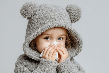 Child Sneezing with Tissue: A young child, adorned in a cozy, hooded outfit, gently holds a tissue to her nose, depicting a candid moment of sickness or seasonal allergies.