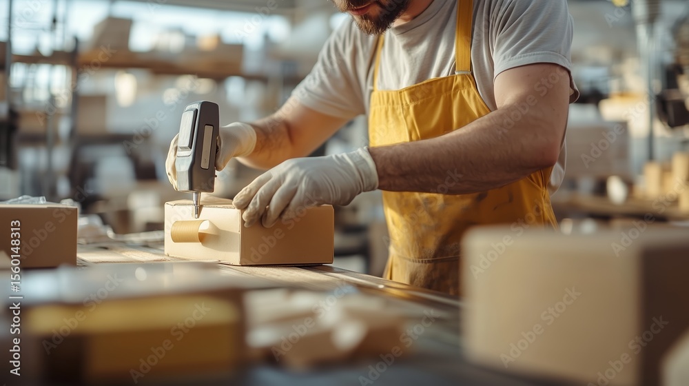 Aufkleber craftsman assembles cardboard boxes in a workshop during daylight hours with precise tools and atten