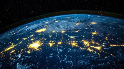 Earth from space at night with glowing horizon lights, global network concept in sci-fi game-style digital rendering

