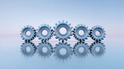 A Row of Metallic Gears Reflecting on a Smooth Surface Under Soft Lighting, Representing Industry, Engineering, and Innovation for Creative Projects and Design