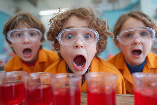 Curiosity in the Lab: Captivating scene of three young children in a science lab, eyes wide with astonishment and mouths agape.