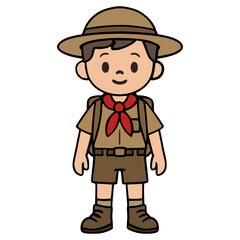 cute kid wearing scout uniform flat color vector illustration template design
