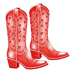 Red leather boots heart love png illustration sketch doodles, Pair of red cowboy boots with white heart pattern