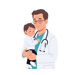Fototapeta premium A doctor gently holds a child, a heartwarming illustration of care and trust.