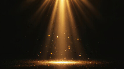 A dramatic golden light beam rays effect against a black background. 