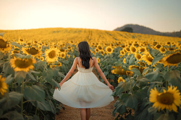 Carefree happy young asian woman in white dress lifting skirt playfully while looking at sunset in...