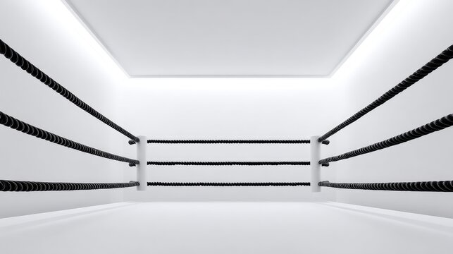 Minimalist Design of an Empty Boxing Ring with Clean White Walls and Black Ropes Ideal for Sports and Fitness Related Themes in Photography or Art