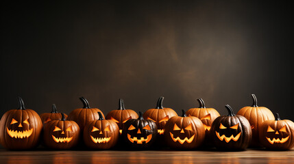 Halloween banner with scary pumpkins on dark background with copy space.