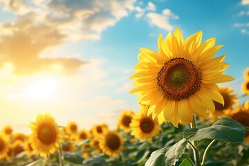 Obraz premium Bright Sunflower Bloom in Vast Field Under Clear Blue Sky at Sunset